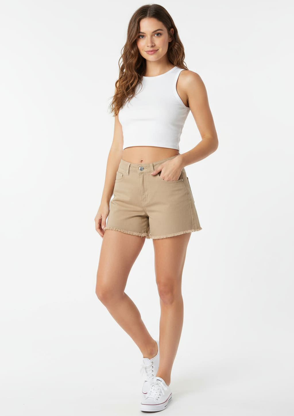 Shorts Jeans Curto Com Barra Desfiada Kysh Feminino - Areia