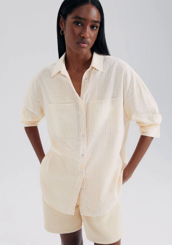Camisa Hering Manga Longa Listrada Feminina - Amarelo