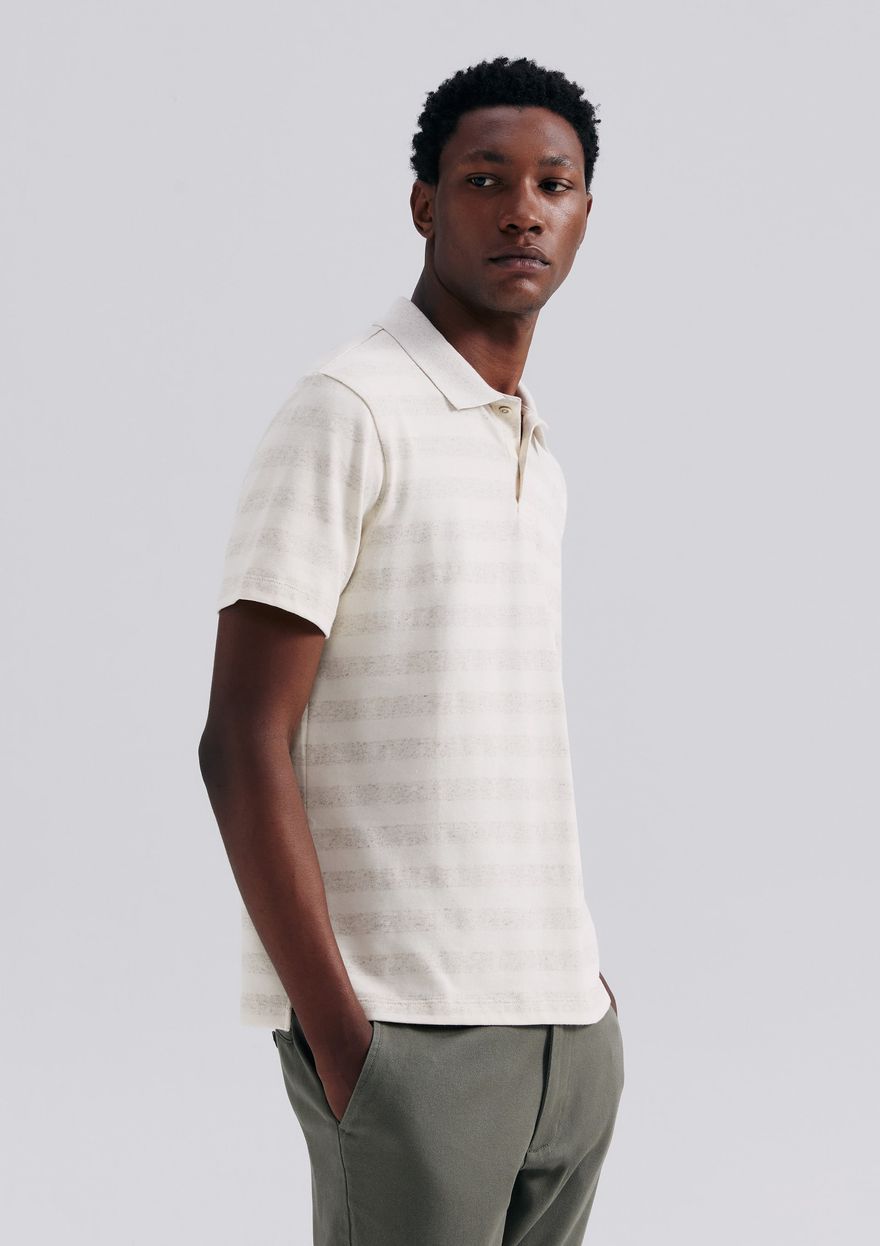 Camisa Polo Hering Listrada Com Linho Masculina - Off White