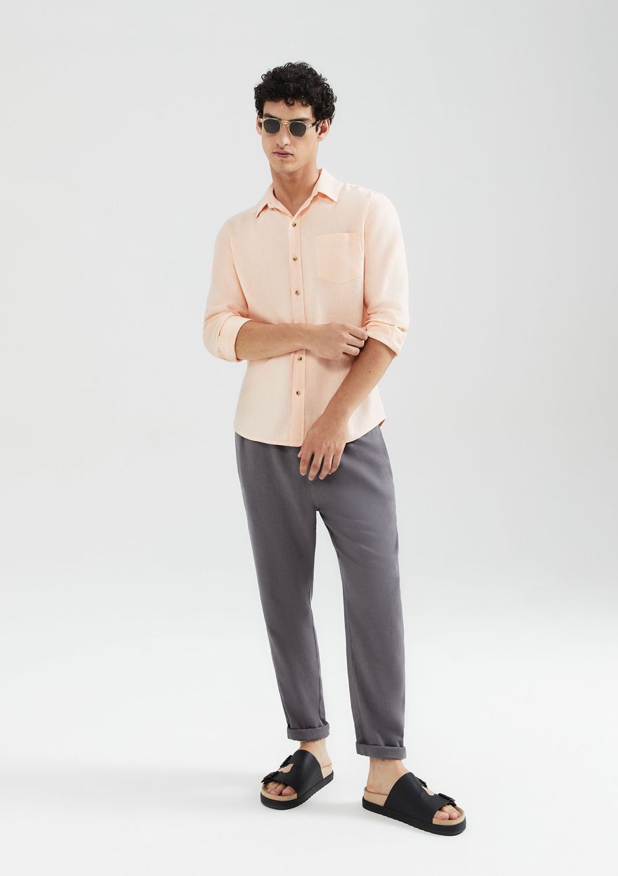 Camisa Hering Manga Longa Em Linho Masculina - Rosa