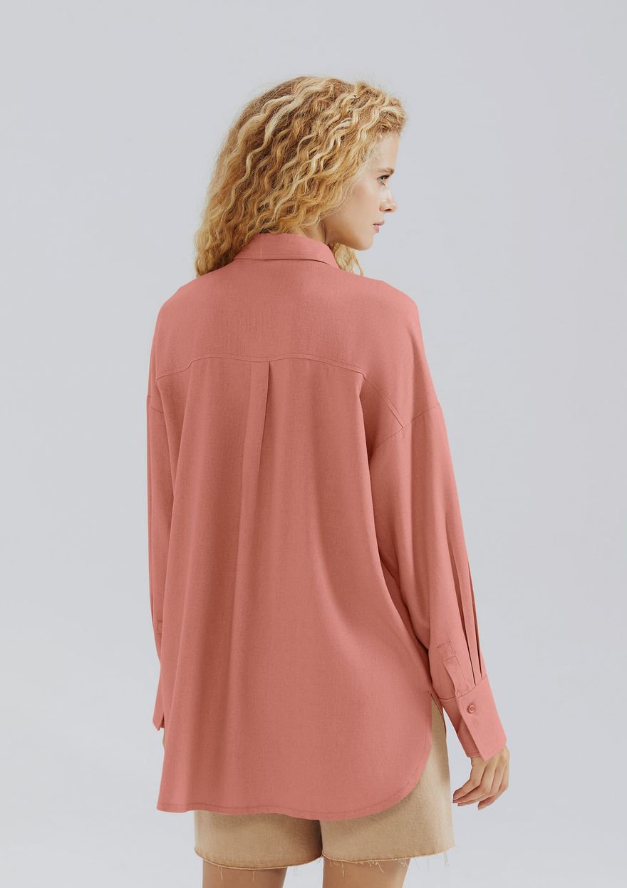 Camisa Alongada Hering Manga Longa Com Linho Feminina - Salmão