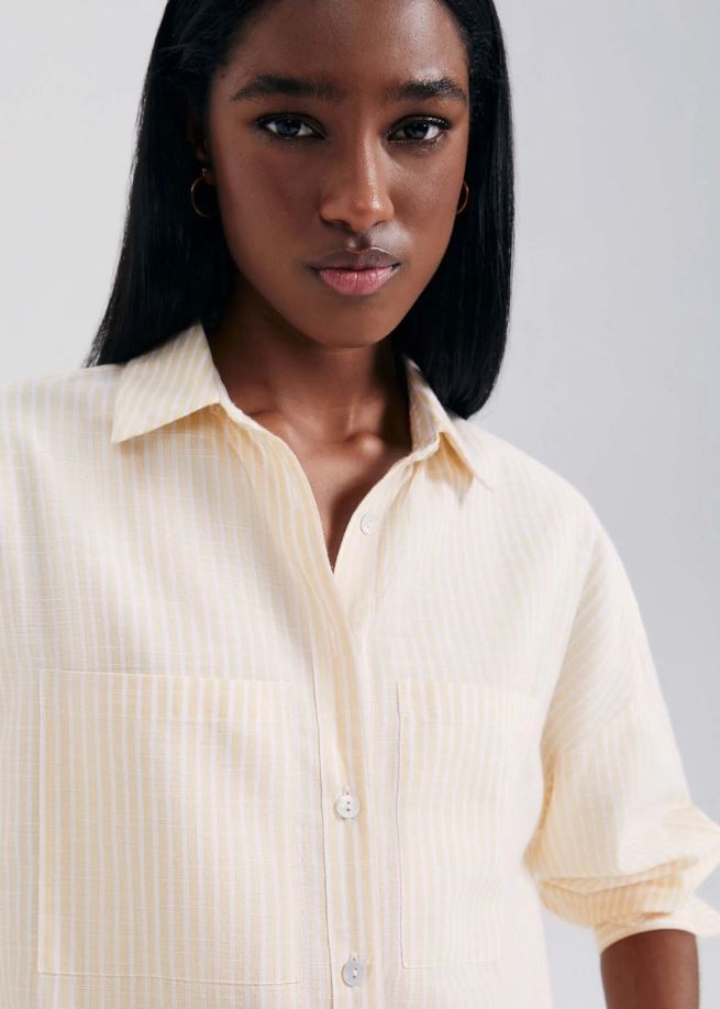 Camisa Hering Manga Longa Listrada Feminina - Amarelo