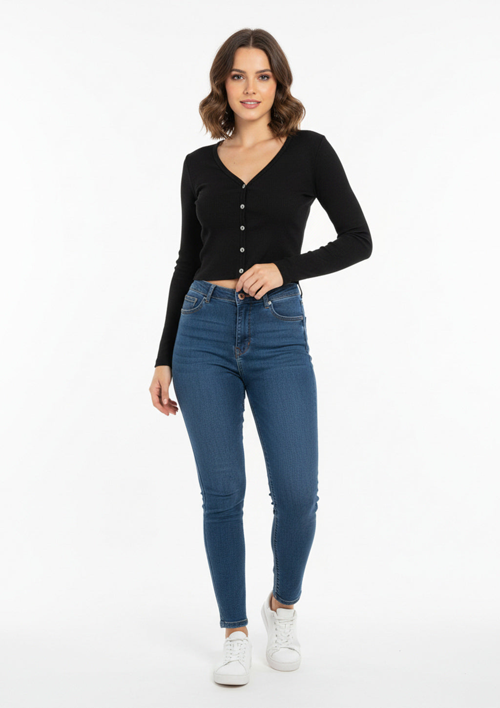 Blusa Manga Longa Use.Modo Gola V Com Botões Feminino