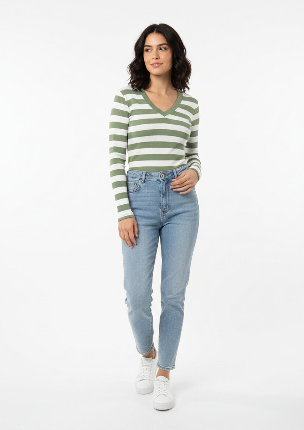 Blusa Manga Longa Use.Modo Gola V Listrada Feminina - Verde