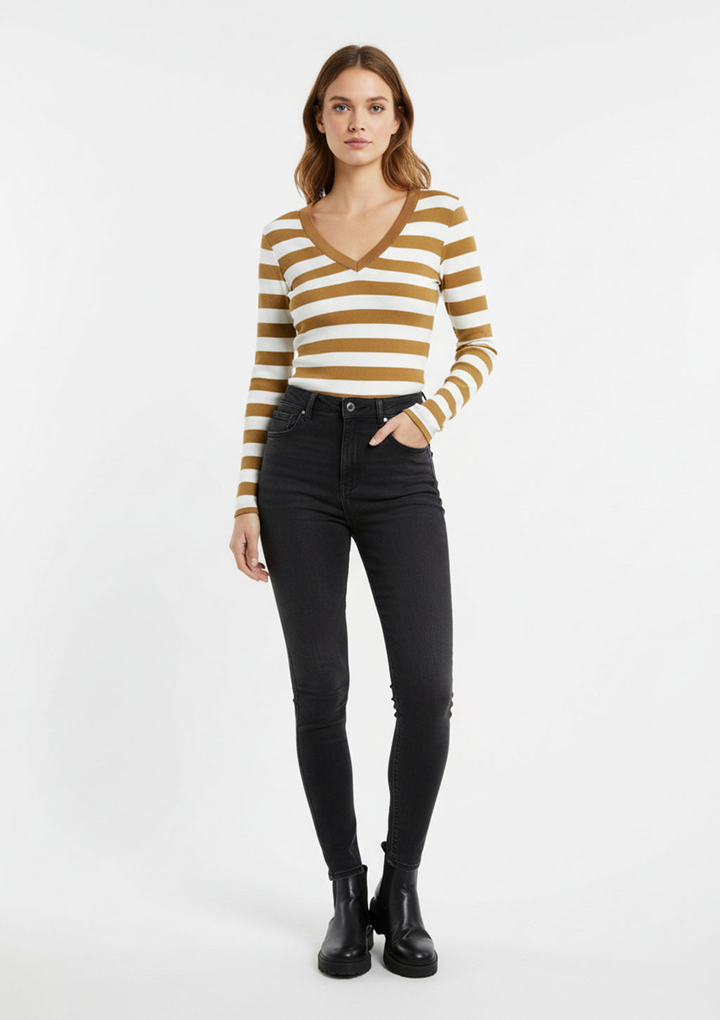 Blusa Manga Longa Use.Modo Gola V Listrada Feminina - Caramelo