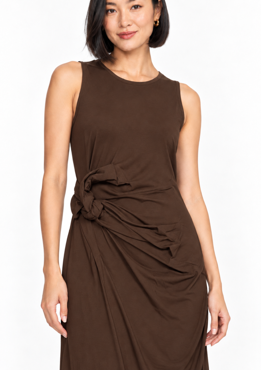 Vestido com Laço e Fenda Lateral Feminino Doce Trama - Café