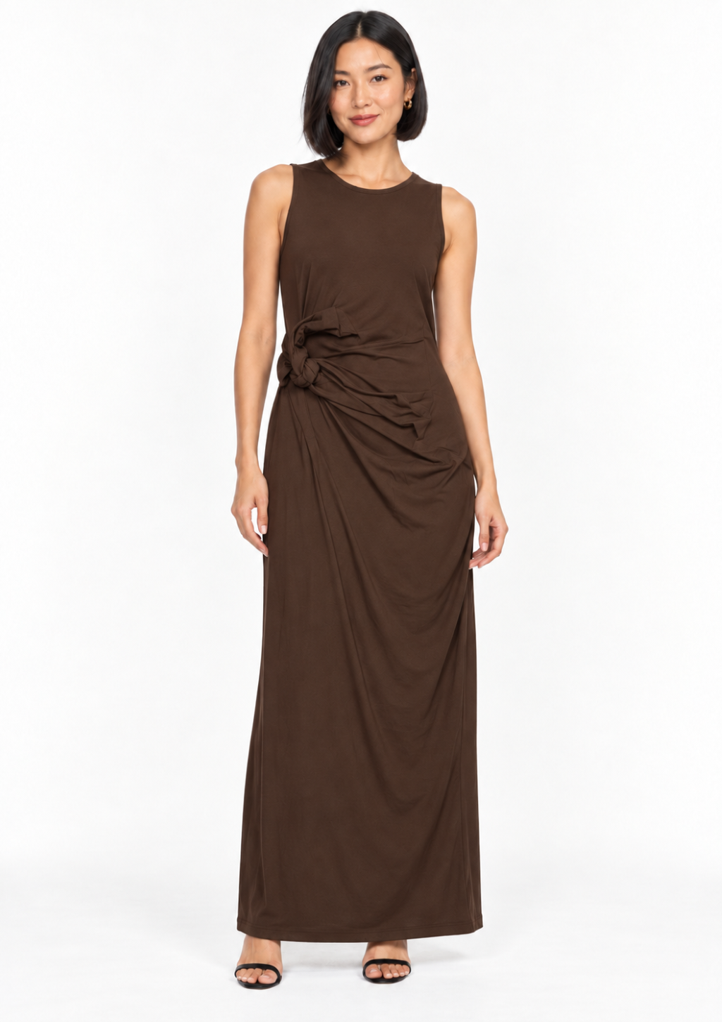 Vestido com Laço e Fenda Lateral Feminino Doce Trama - Café