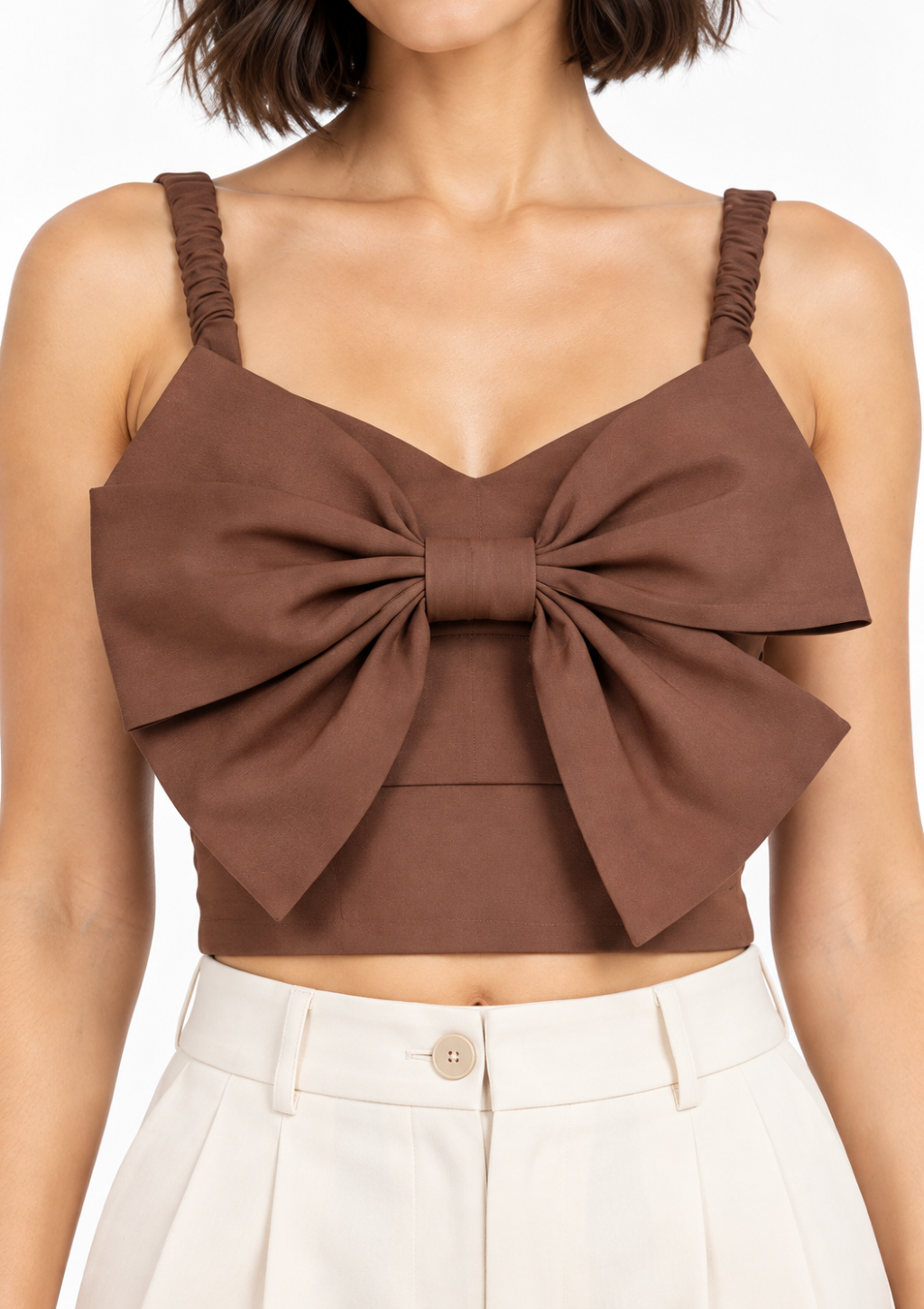 Blusa Top com Laço Frontal Feminino Doce Trama - Café