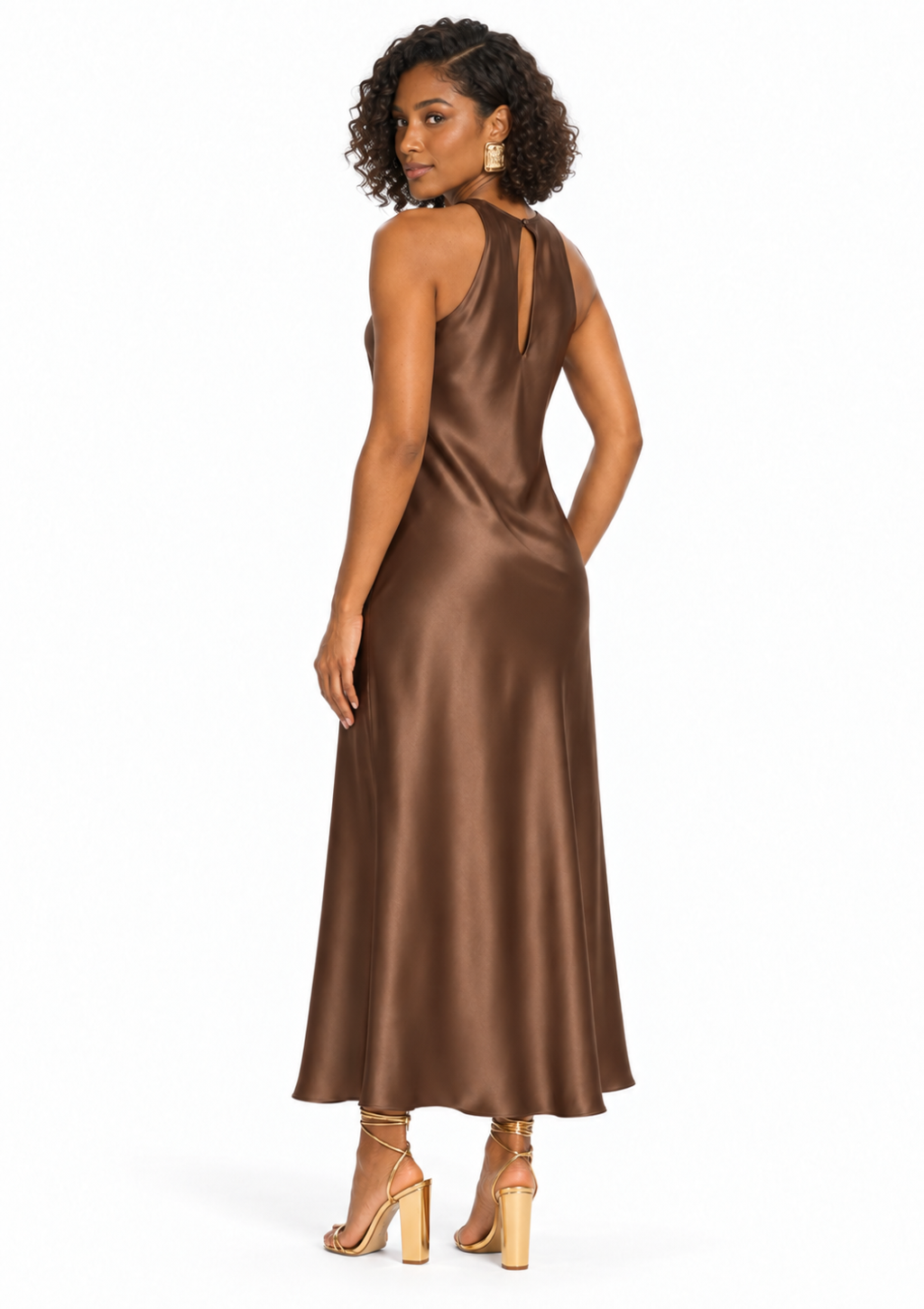 Vestido Longo Reto de Cetim Decote Alto Feminino Doce Trama - Café