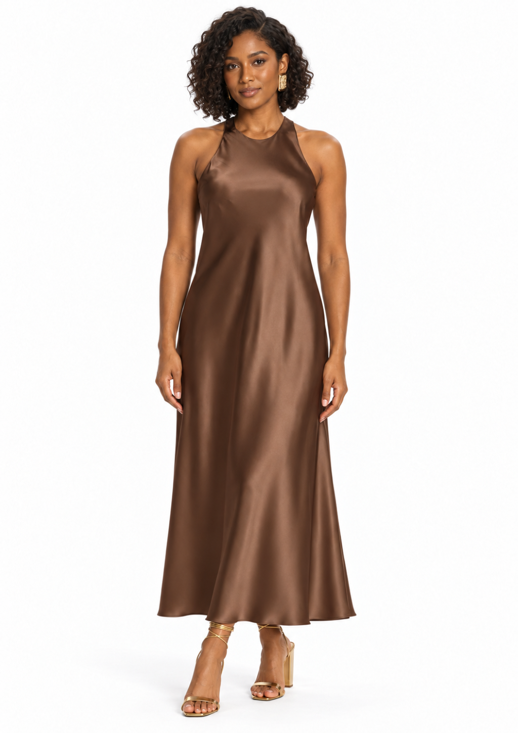 Vestido Longo Reto de Cetim Decote Alto Feminino Doce Trama - Café
