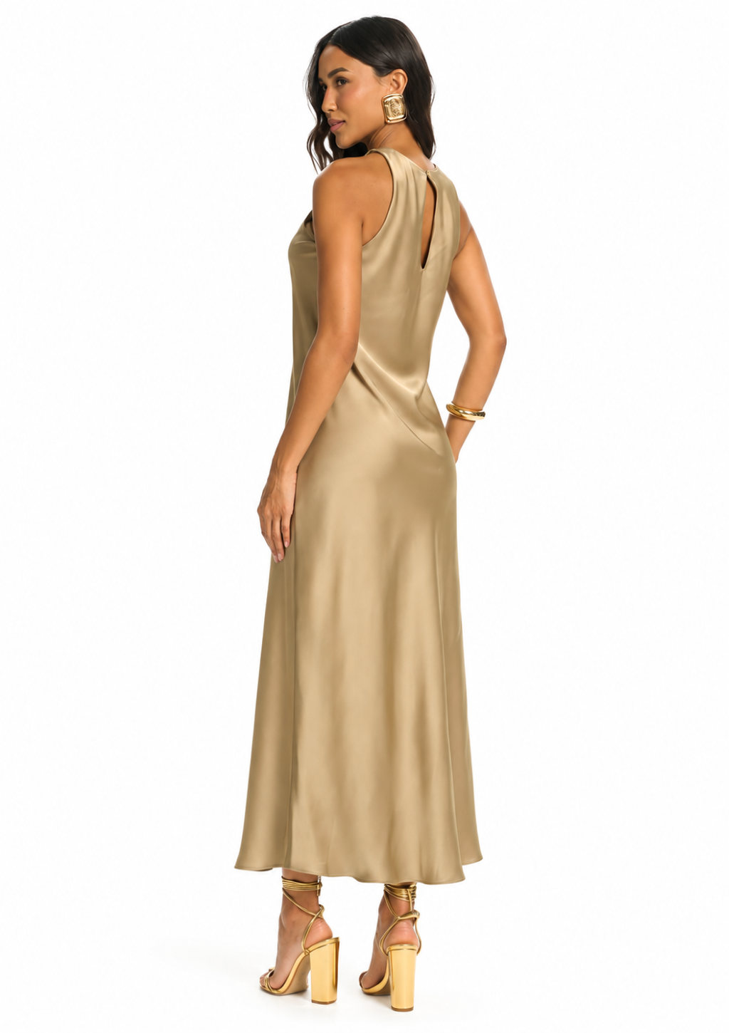 Vestido Longo Reto de Cetim Decote Alto Feminino Doce Trama - Verde