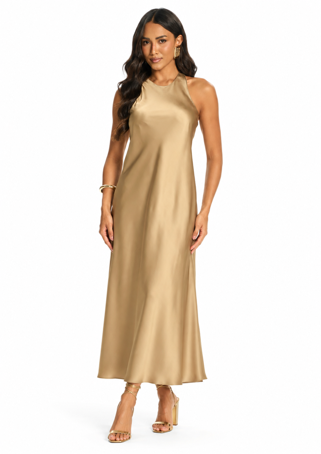 Vestido Longo Reto de Cetim Decote Alto Feminino Doce Trama - Verde