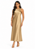 Vestido Longo Reto de Cetim Decote Alto Feminino Doce Trama - Verde