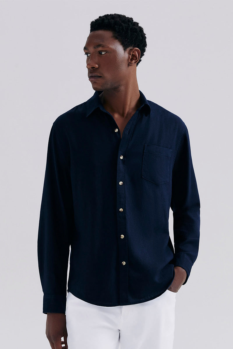 Camisa Básica Hering Slim Em Linho Masculina - Azul