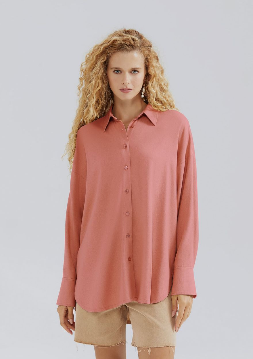 Camisa Alongada Hering Manga Longa Com Linho Feminina - Salmão