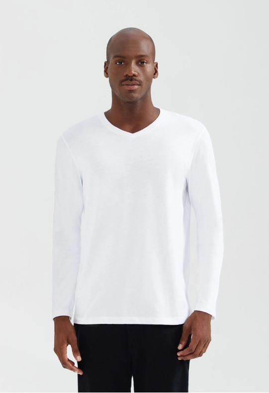 Camiseta Básica Hering Masculina Manga Longa Gola V World - Branco