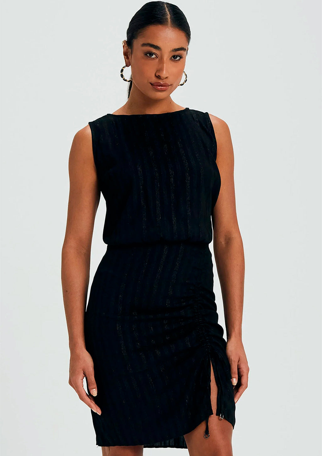 Vestido Curto Marialícia Lurex Com Franzido Feminino - Preto