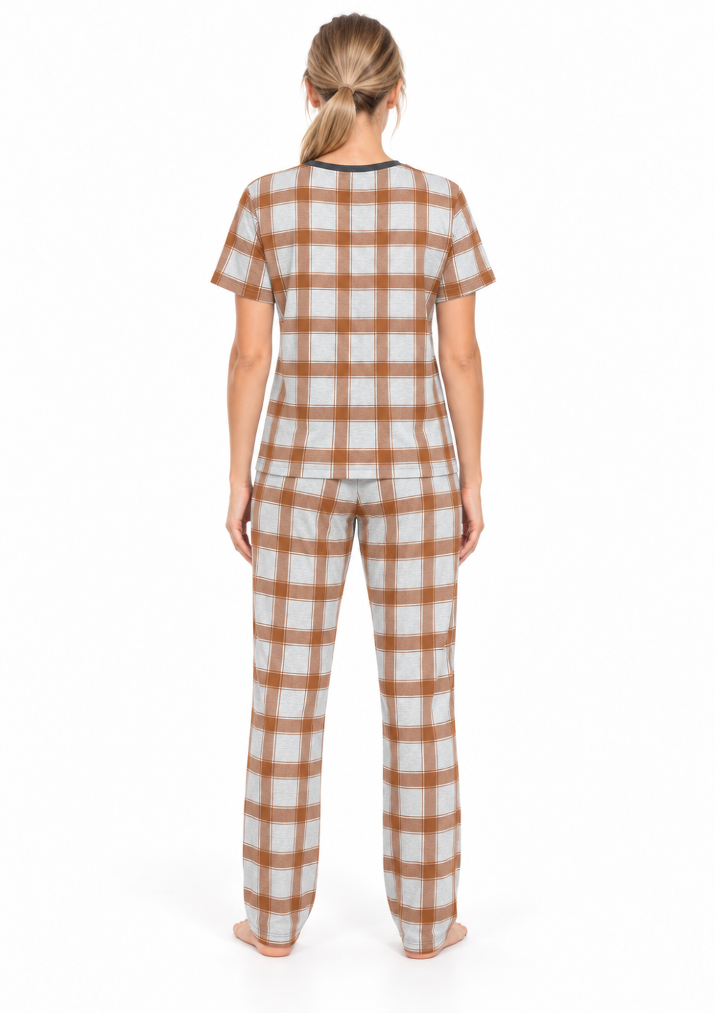 Pijama em Algodão Estampa Xadrez Terracota Feminino MagiaMix