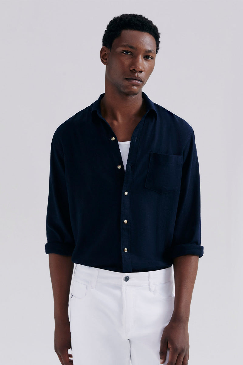 Camisa Básica Hering Slim Em Linho Masculina - Azul