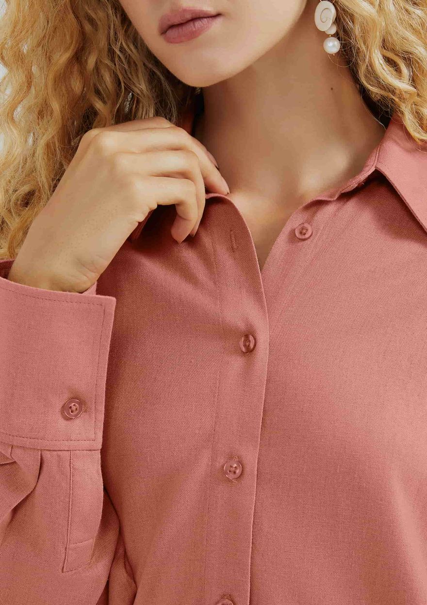 Camisa Alongada Hering Manga Longa Com Linho Feminina - Salmão
