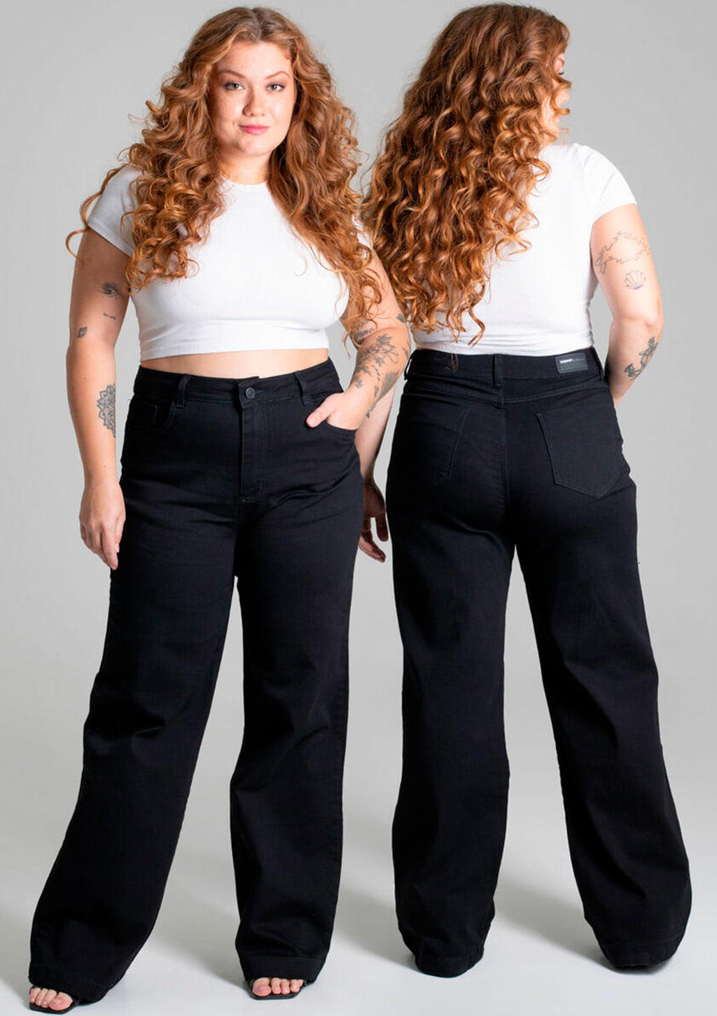 Calça Wide Leg Em Sarja Sawary Plus Size Feminina - Preto