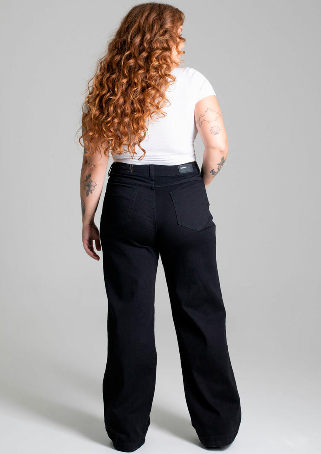 Calça Wide Leg Em Sarja Sawary Plus Size Feminina - Preto