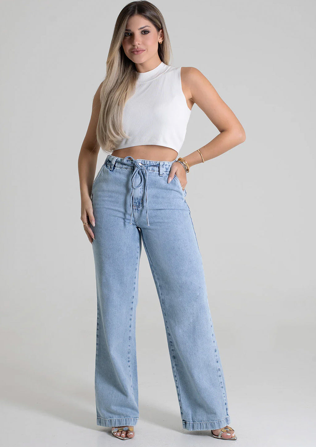 Calça Jeans Wide Leg Sawary Estonada Feminino - Azul Claro