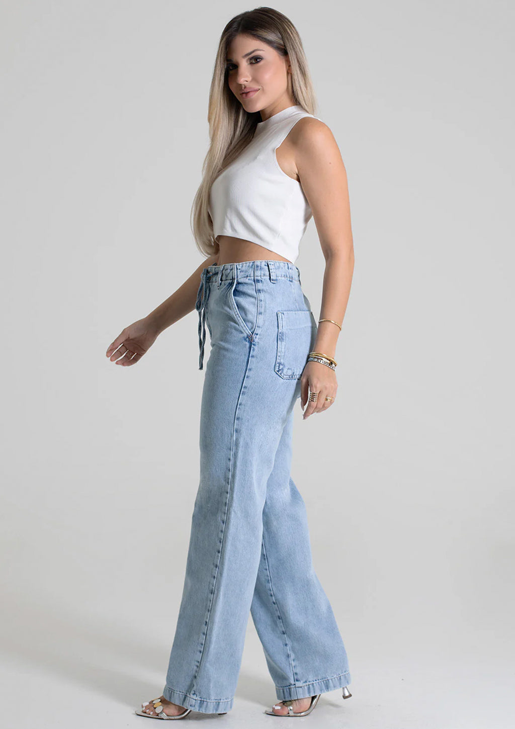 Calça Jeans Wide Leg Sawary Estonada Feminino - Azul Claro