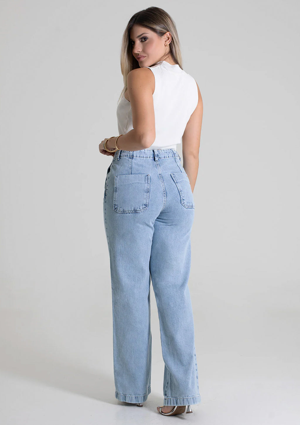 Calça Jeans Wide Leg Sawary Estonada Feminino - Azul Claro
