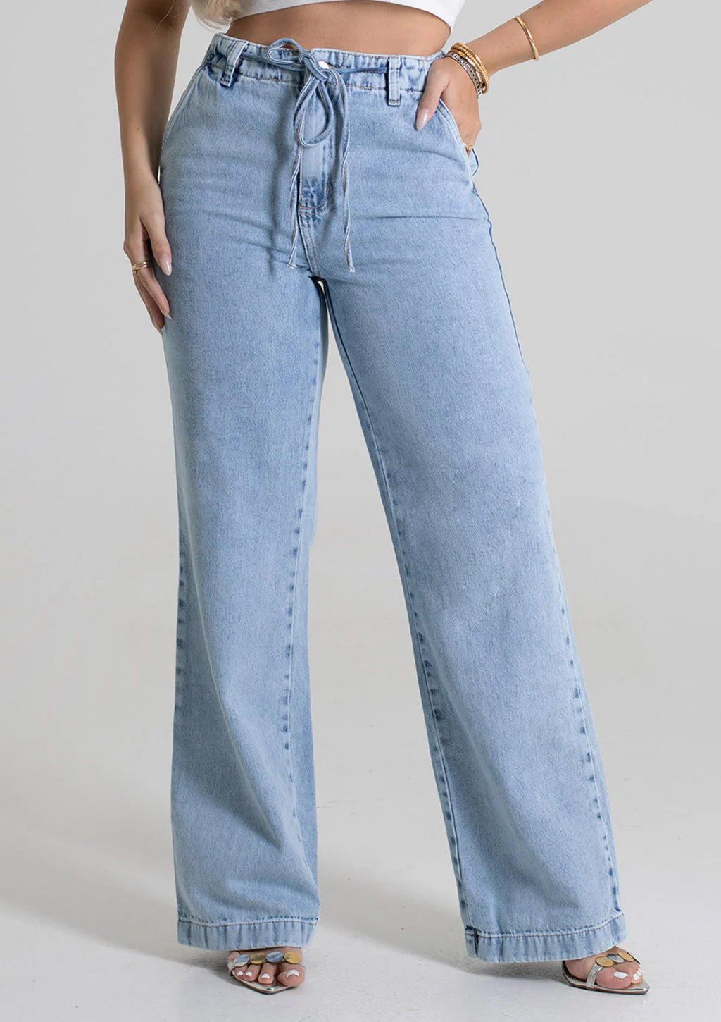 Calça Jeans Wide Leg Sawary Estonada Feminino - Azul Claro