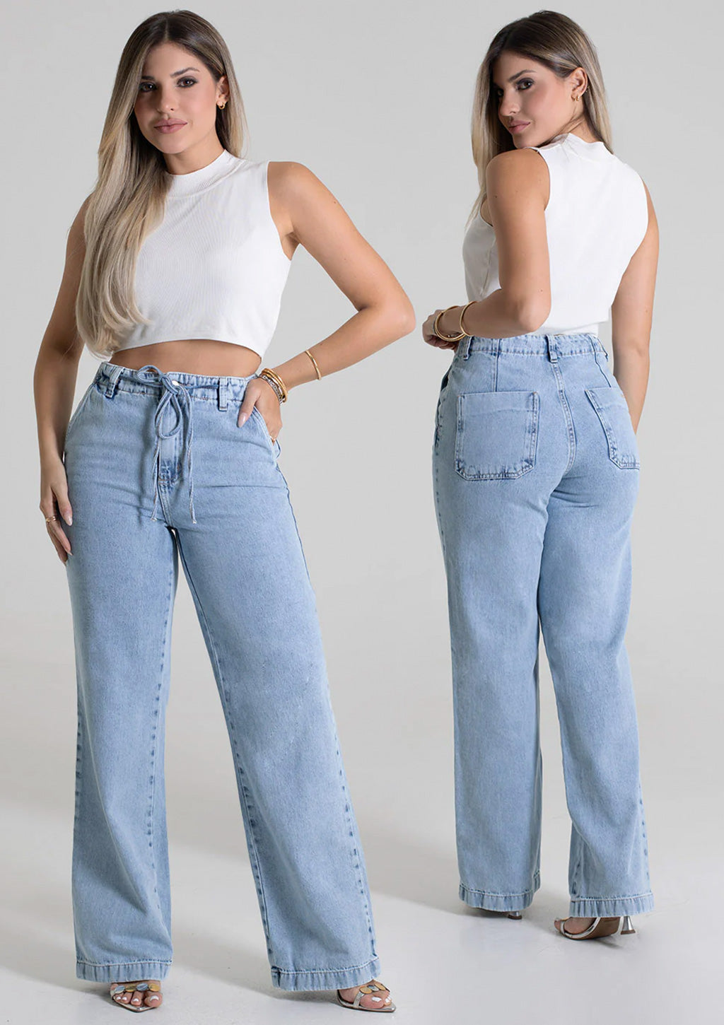 Calça Jeans Wide Leg Sawary Estonada Feminino - Azul Claro
