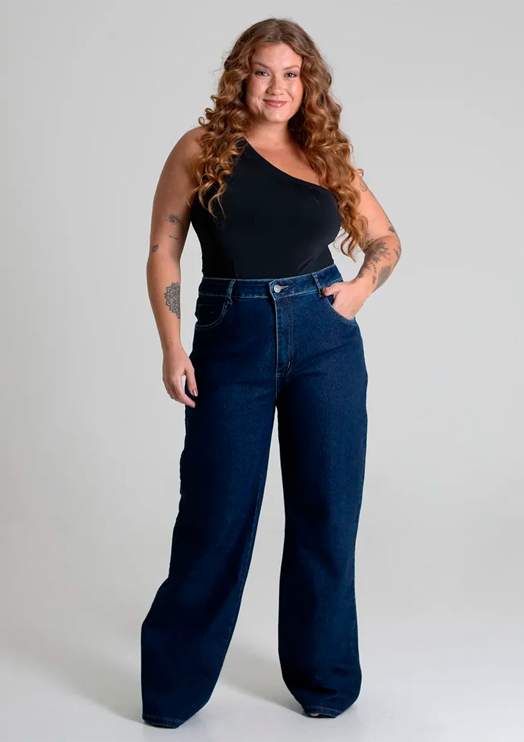 Calça Jeans Wide Leg Sawary Plus Size Feminina - Azul Escuro