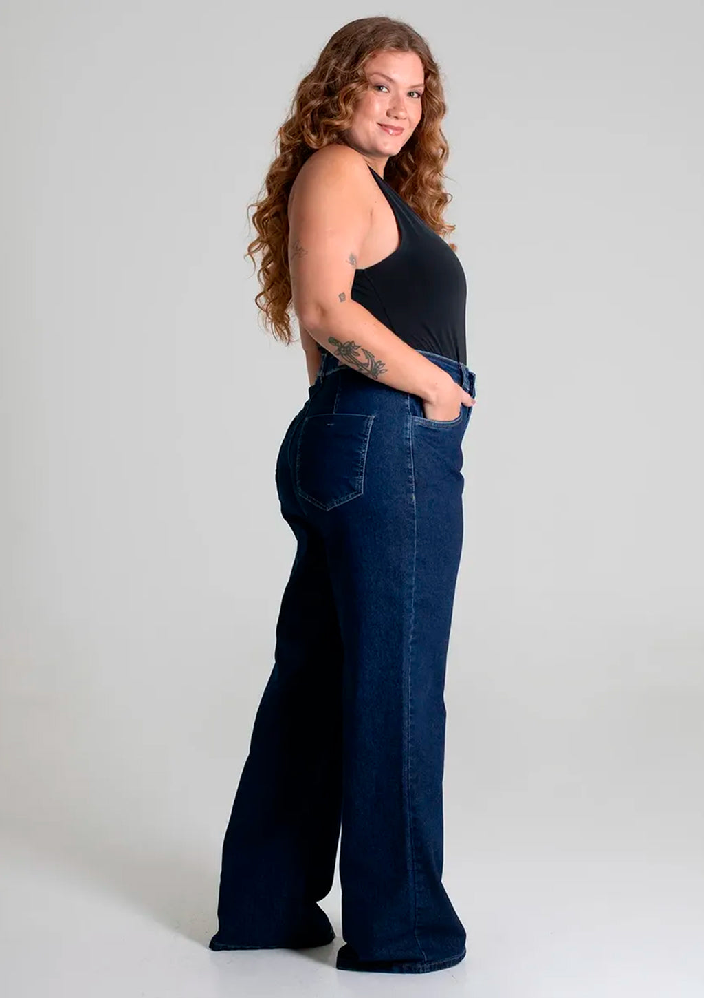 Calça Jeans Wide Leg Sawary Plus Size Feminina - Azul Escuro