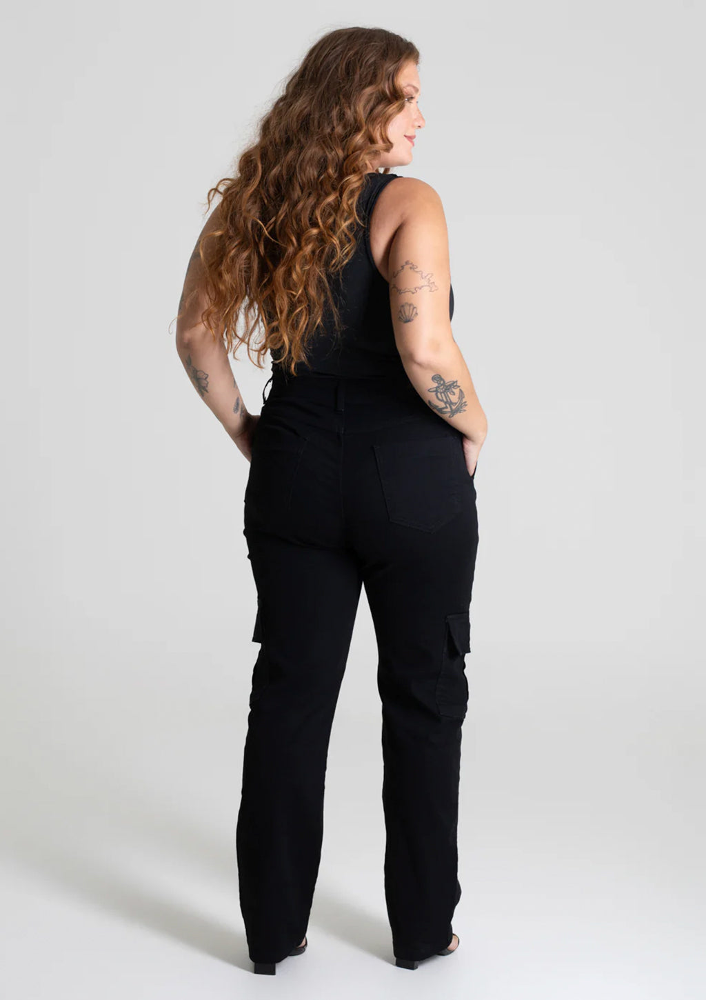 Calça Cargo Sarja Sawary Plus Size Feminina - Preto