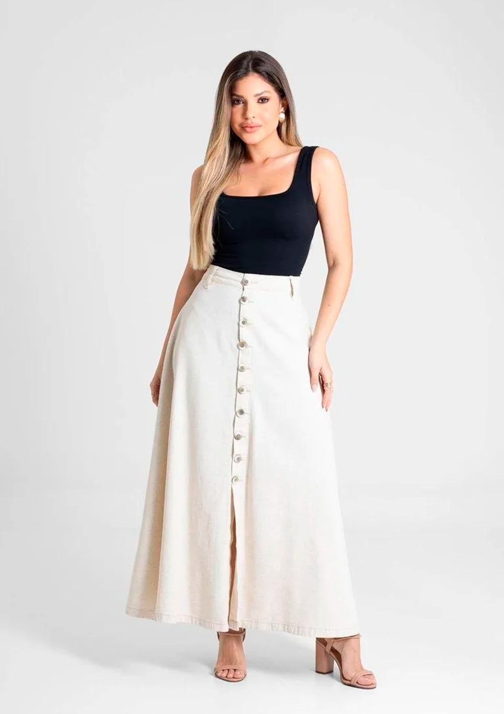 Saia Godê Em Linho Sawary Com Abertura Em Botões Feminino - Off-White