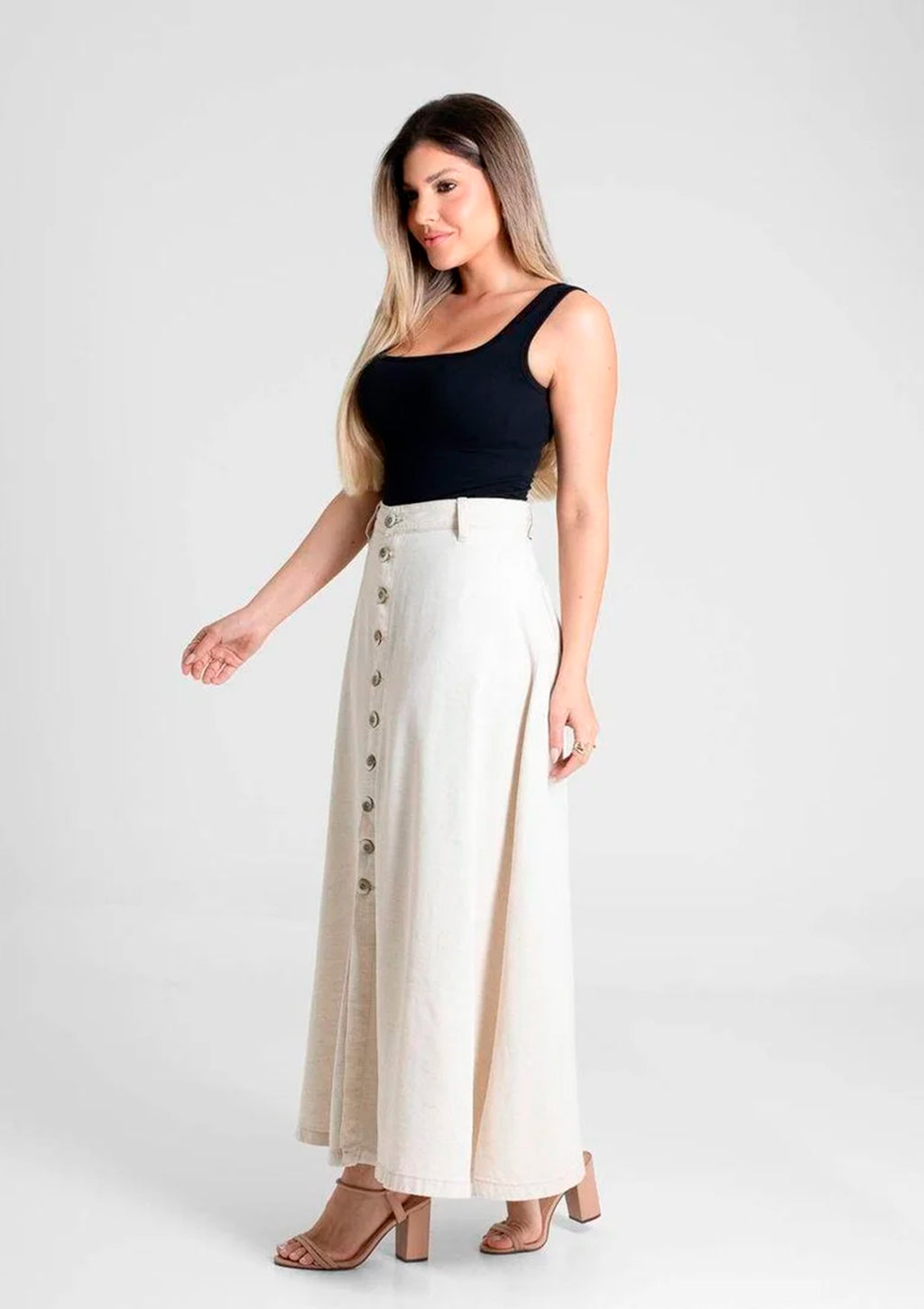 Saia Godê Em Linho Sawary Com Abertura Em Botões Feminino - Off-White