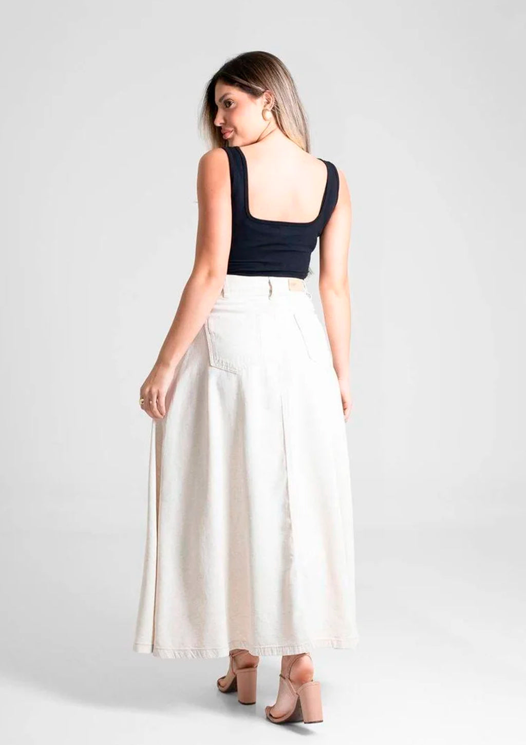 Saia Godê Em Linho Sawary Com Abertura Em Botões Feminino - Off-White