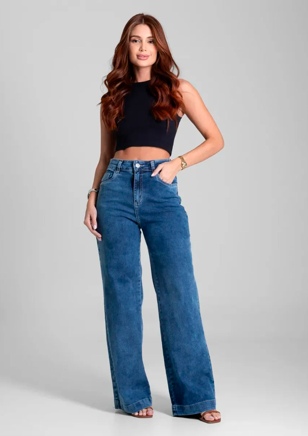 Calça Wide Leg Jeans Sawary Feminino - Azul