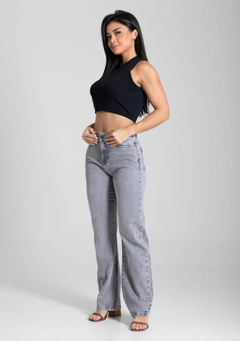 Calça Reta Jeans Sawary Feminina - Preto