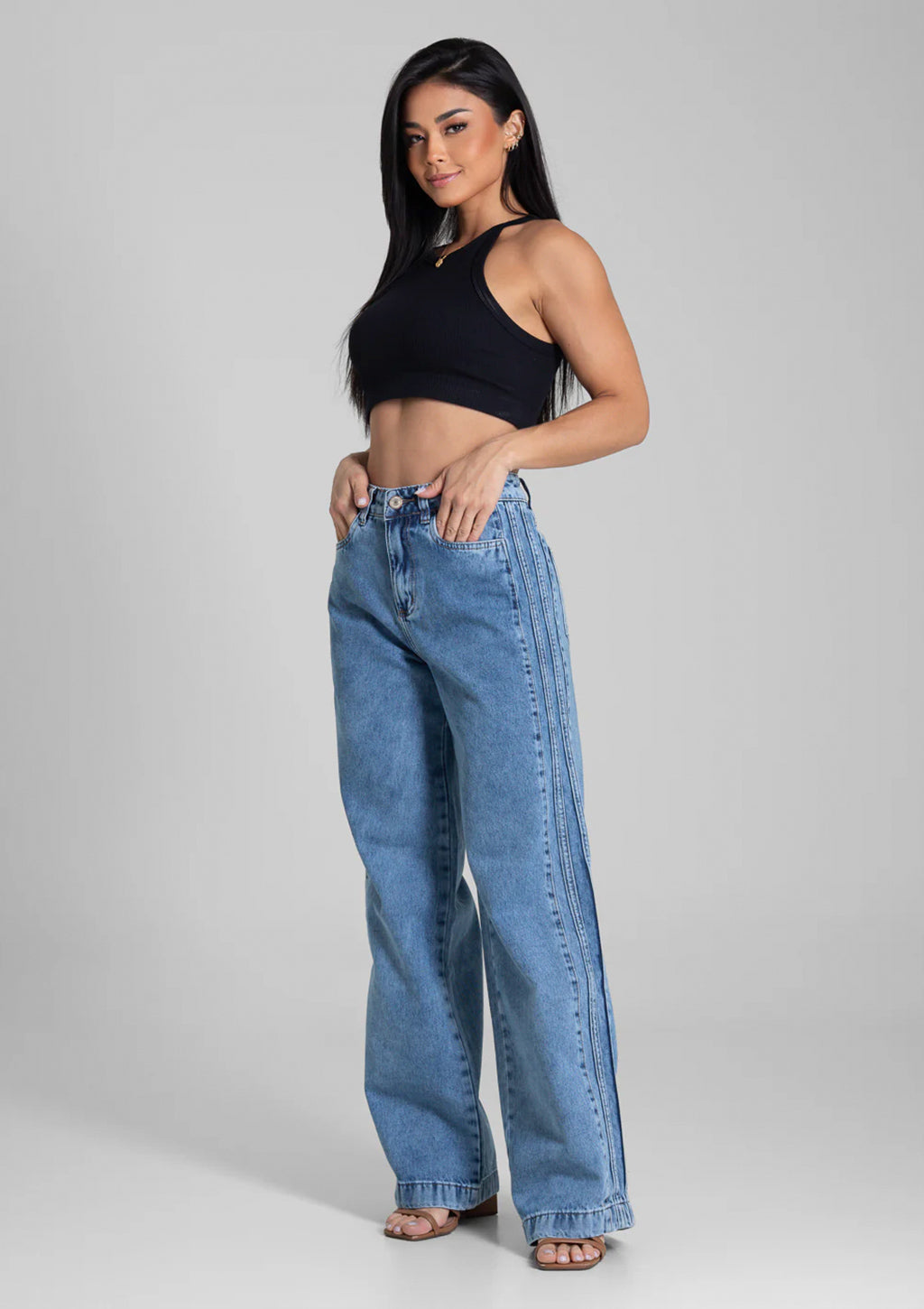 Calça Jeans Wide Leg Sawary Feminina - Azul Escuro