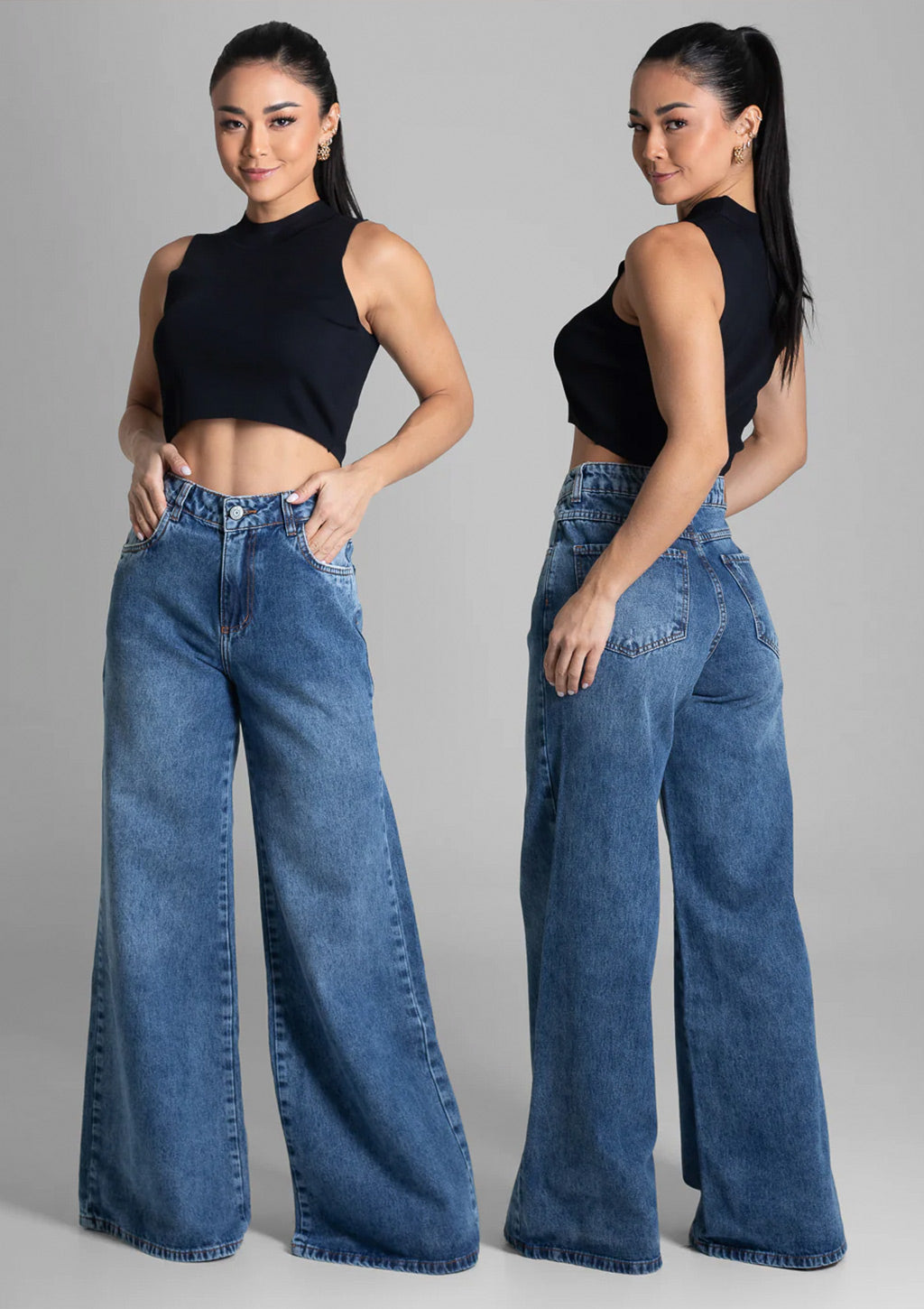 Calça Super Wide Leg Jeans Sawary Feminina - Azul Escuro