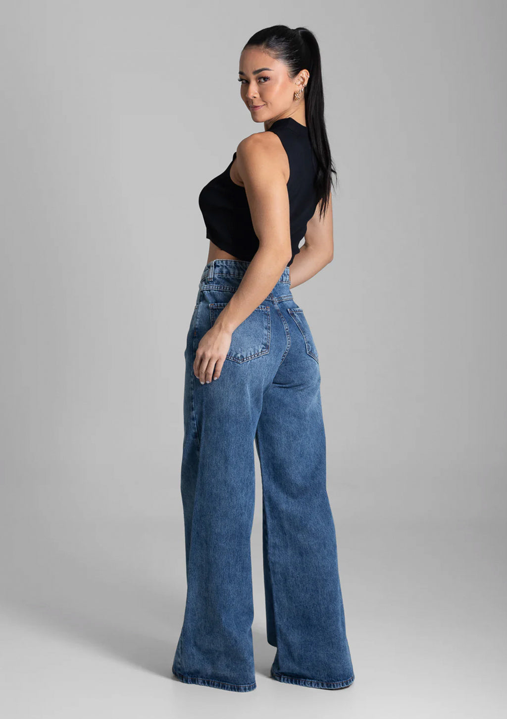 Calça Super Wide Leg Jeans Sawary Feminina - Azul Escuro