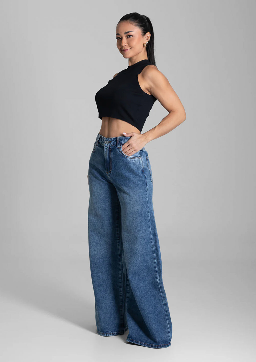 Calça Super Wide Leg Jeans Sawary Feminina - Azul Escuro