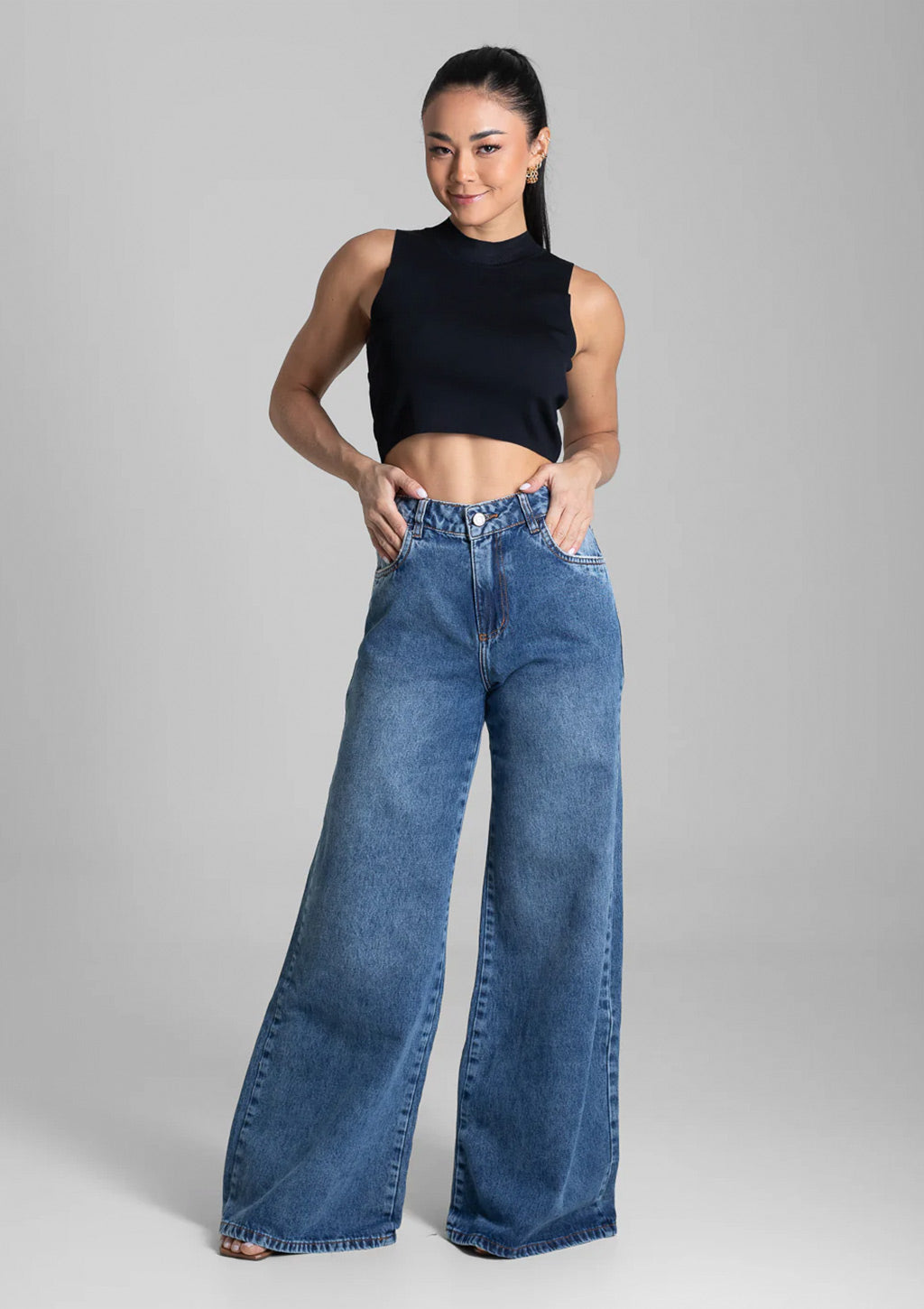 Calça Super Wide Leg Jeans Sawary Feminina - Azul Escuro