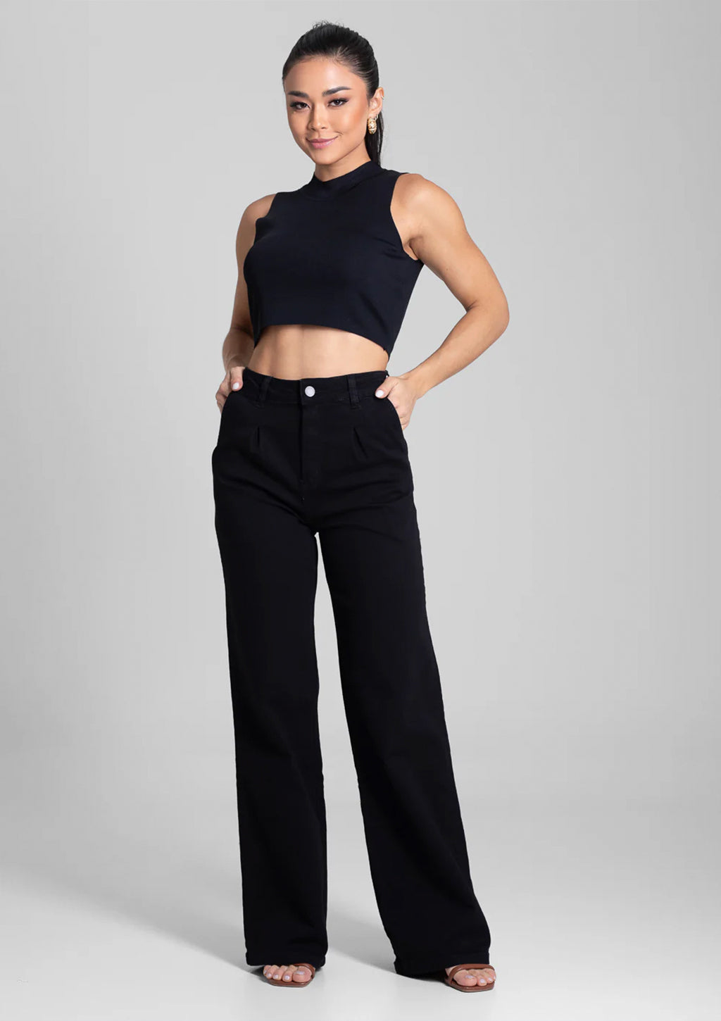 Calça Wide Leg Em Sarja Sawary Feminina - Preto