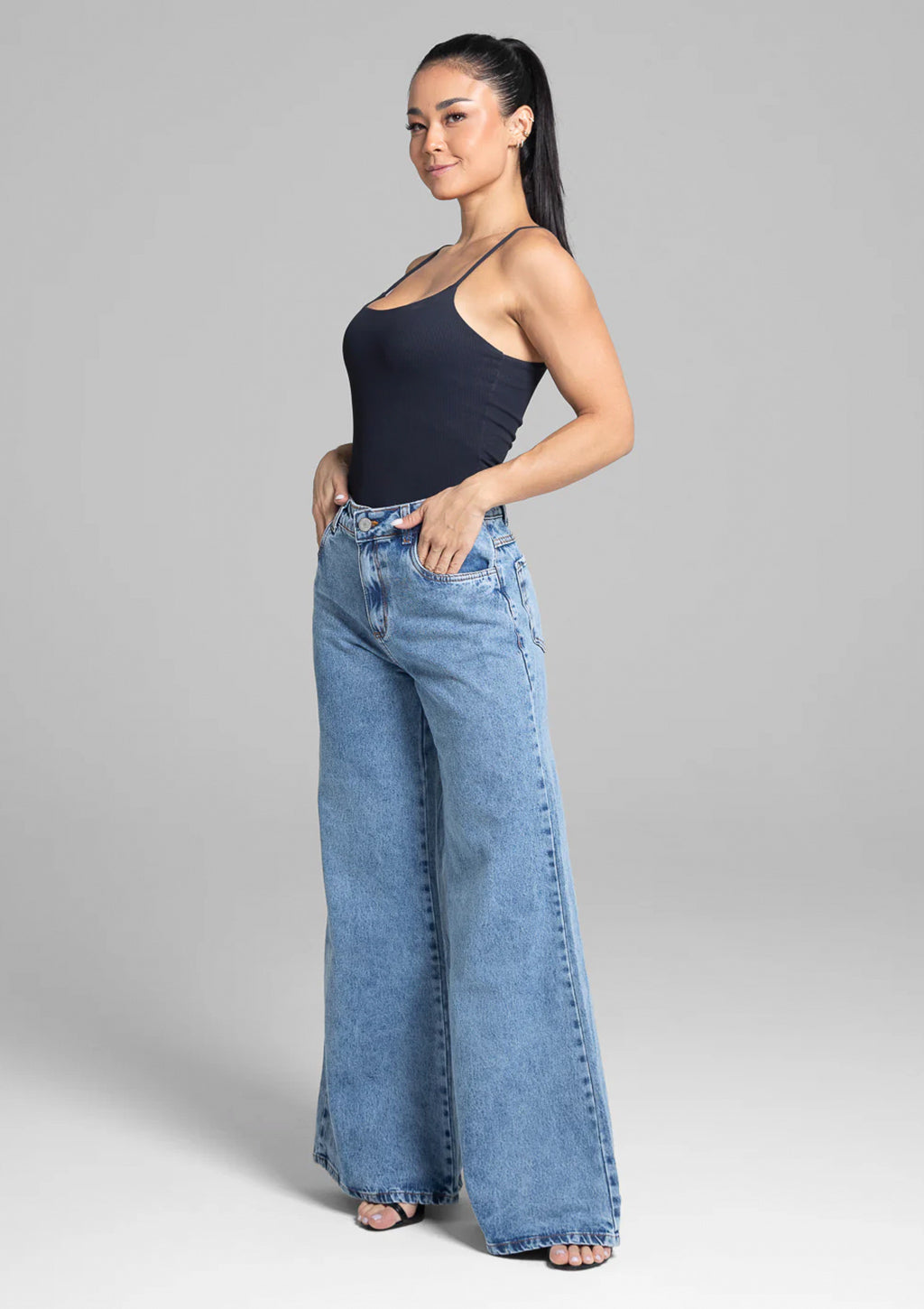 Calça Super Wide Leg Jeans Sawary Feminina - Azul Claro