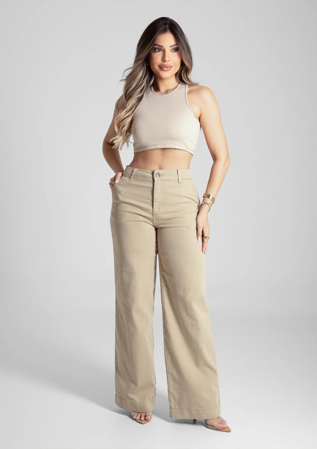 Calça Wide Leg Em Sarja Sawary Feminina - Bege