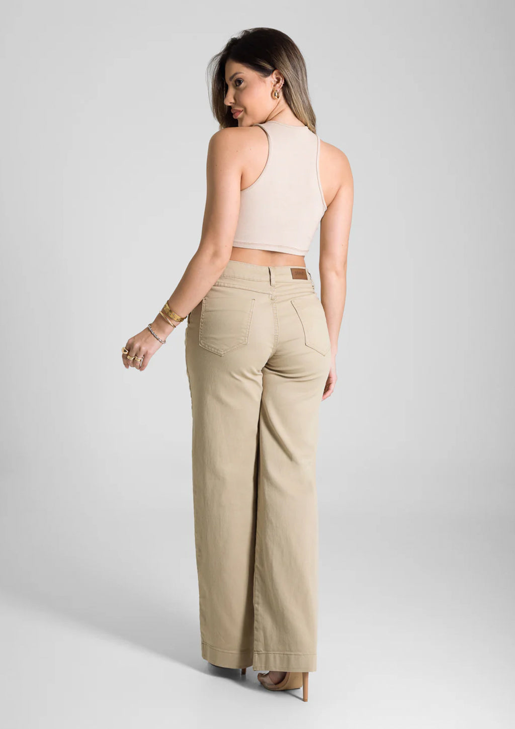 Calça Wide Leg Em Sarja Sawary Feminina - Bege