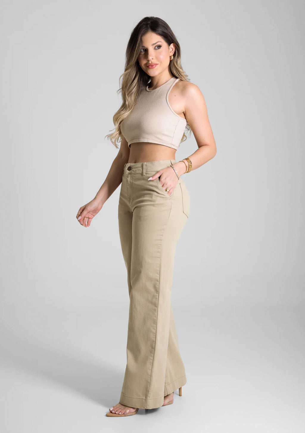 Calça Wide Leg Em Sarja Sawary Feminina - Bege