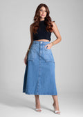 Saia Jeans Midi Sawary Feminina - Azul